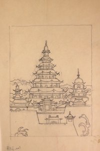 Fernöstlicher Palast oder Tempel. Entwurf zu einer Buchillustrationen in "Visionen aus dem Osten" von Auguste Comte de Villiers de l'Isle-Adam (Wien 1921)